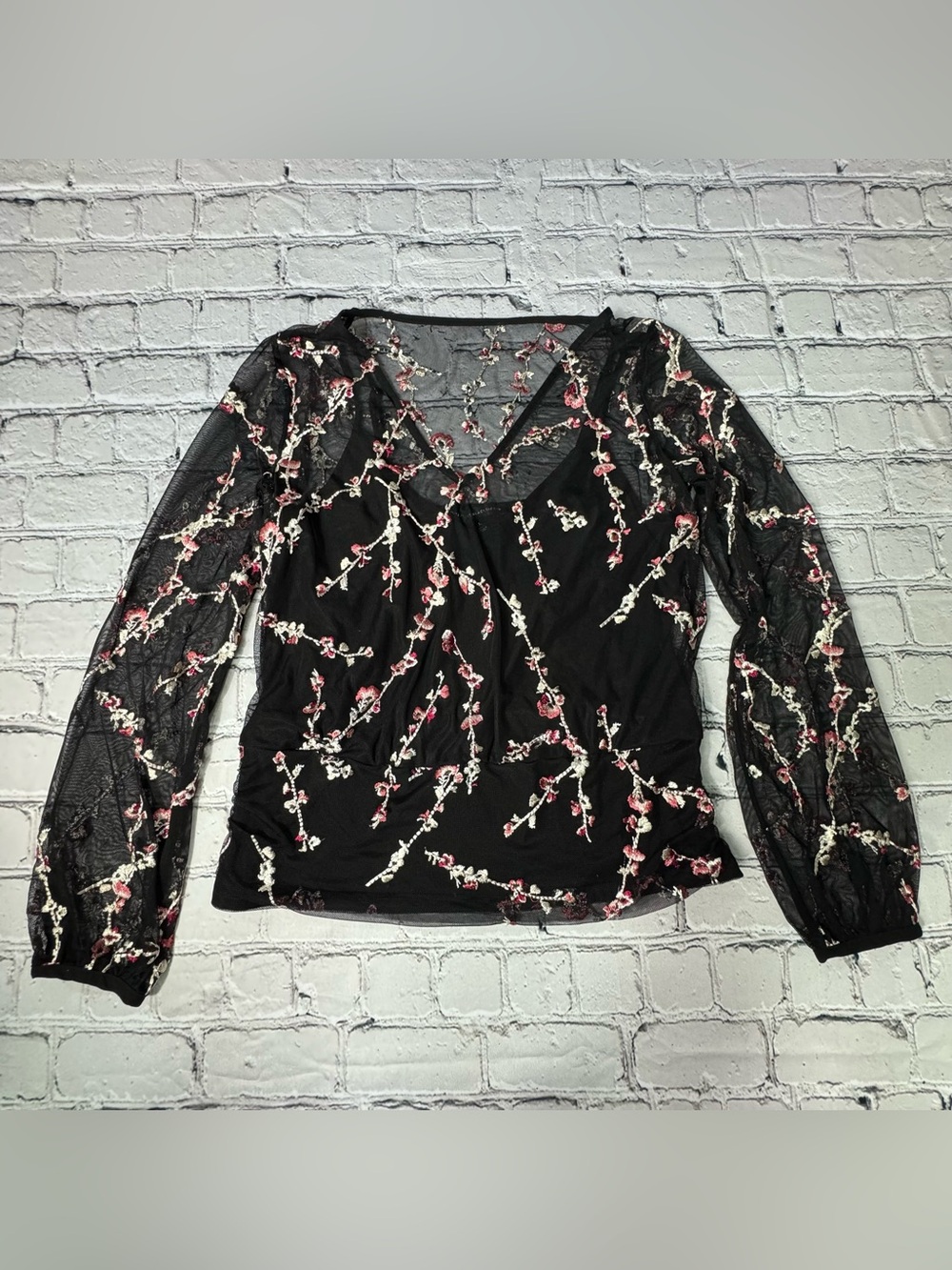 White House Black Market Black Floral Embroidery Long Sleeve Mesh Blouse Size L